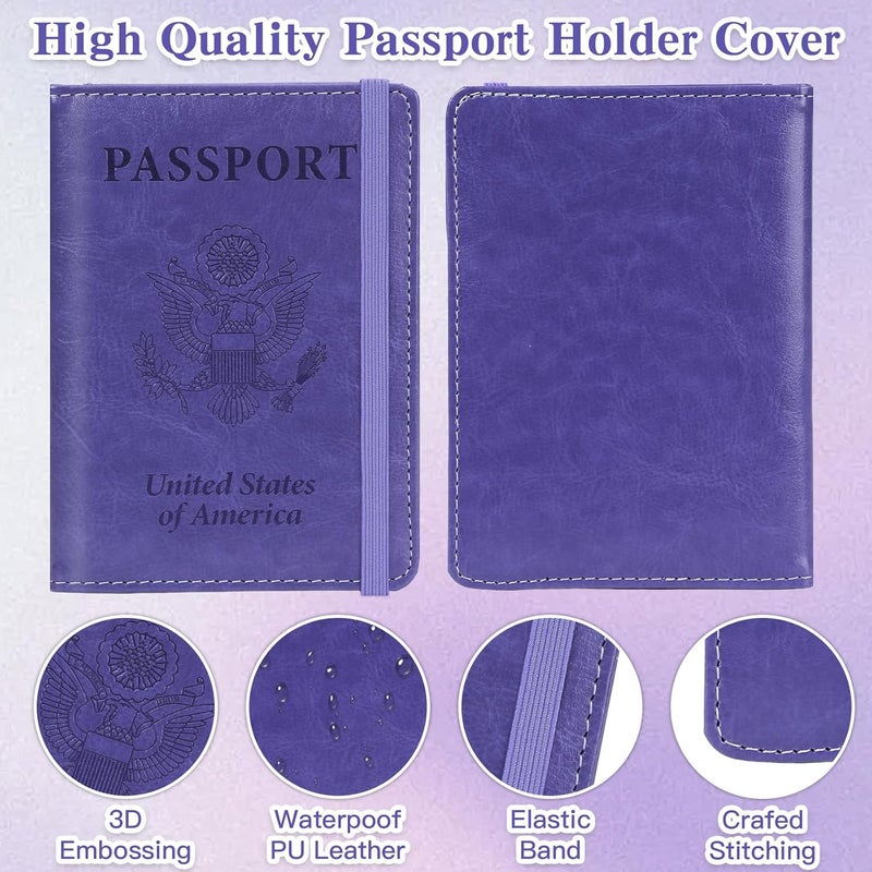 RHOttbiy Passport Holder for Travel, RFID Blocking Passport Cover with Pen Holder Leather Passport Wallet Case Travel Must Haves Accessories Passport Book Card Holder for Family Travel Essentials, Dark Purple - Image 4